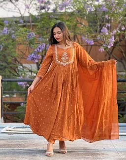 Brand: PNK Crafts & Lifestyle
PNK Crafts & Lifestyle Women's Cotton Embroidery Anarkali Kurti and Pant with Dupatta Set
- L