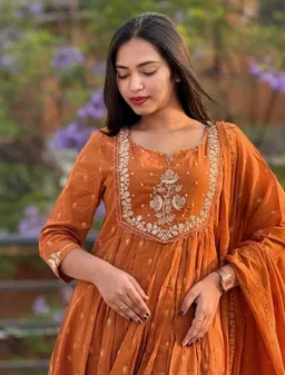 Brand: PNK Crafts & Lifestyle
PNK Crafts & Lifestyle Women's Cotton Embroidery Anarkali Kurti and Pant with Dupatta Set
- L