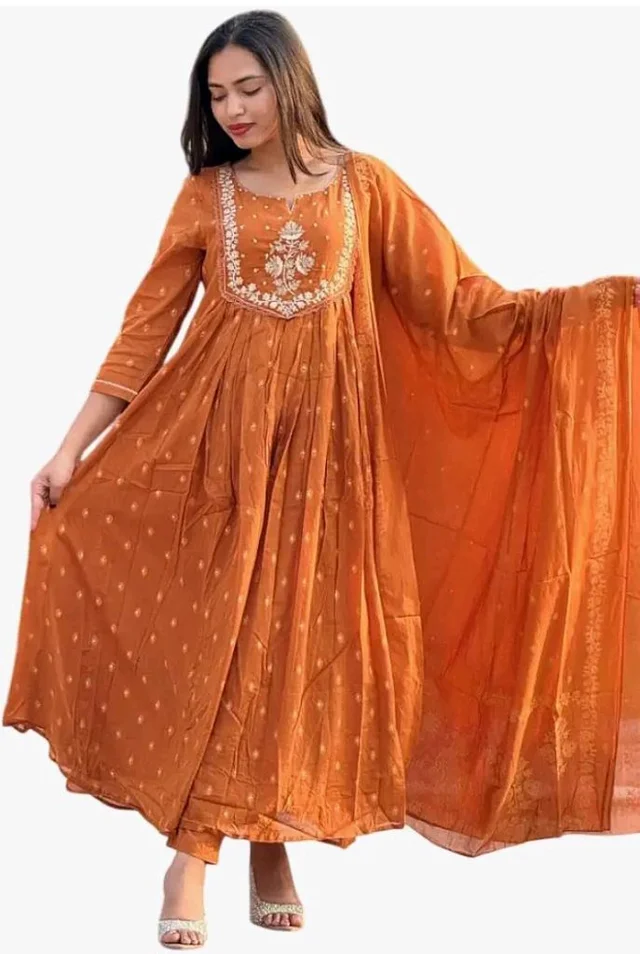 Brand: PNK Crafts & Lifestyle
PNK Crafts & Lifestyle Women's Cotton Embroidery Anarkali Kurti and Pant with Dupatta Set
- L
