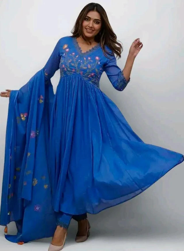 Women's Cotton Embroidered Long Anarkali Kurti with Pant and Dupatta Set
- 3XL