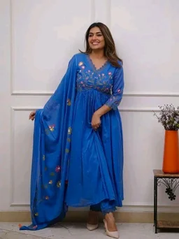 Women's Cotton Embroidered Long Anarkali Kurti with Pant and Dupatta Set
- 3XL