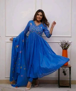 Women's Cotton Embroidered Long Anarkali Kurti with Pant and Dupatta Set
- 3XL