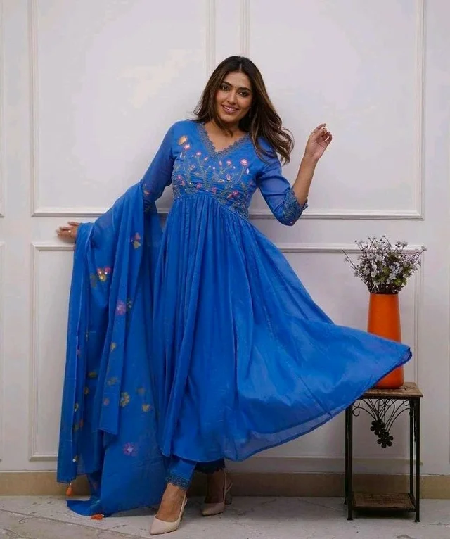Women's Cotton Embroidered Long Anarkali Kurti with Pant and Dupatta Set
- 3XL