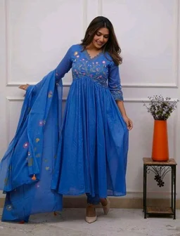 Women's Cotton Embroidered Long Anarkali Kurti with Pant and Dupatta Set
- 3XL