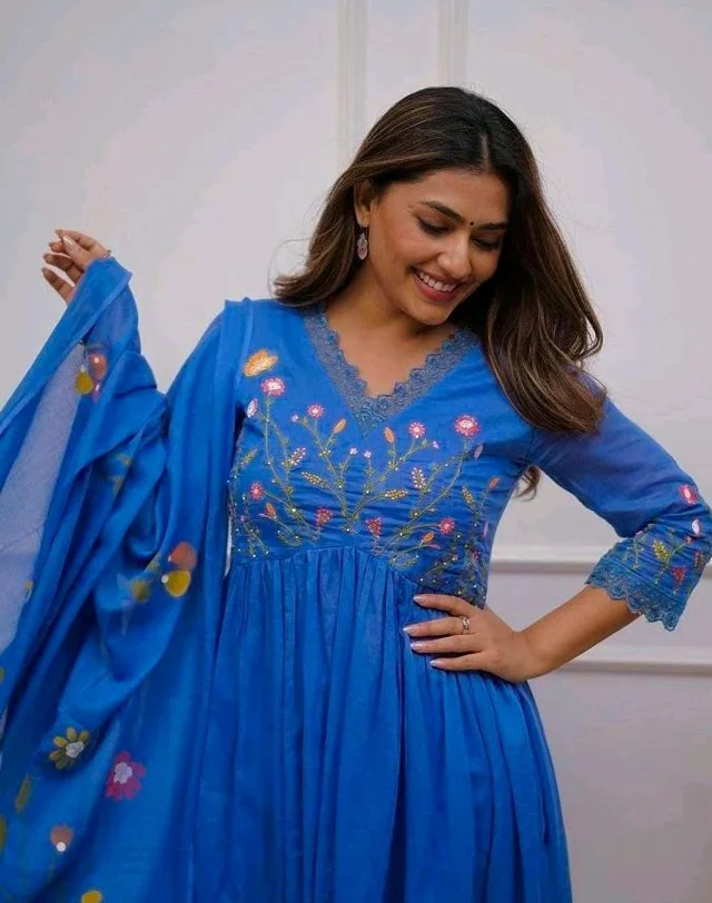 Women's Cotton Embroidered Long Anarkali Kurti with Pant and Dupatta Set
- 3XL