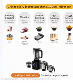 Atomberg Zenova Fresh Juicer Mixer Grinder For Kitchen | Intelligent BLDC Motor | Grind Like 1000 Watt | Coarse Mode for Silbatta Texture | 4 Jar With Chopper | Coconut Milk Maker | Hands-Free | Black