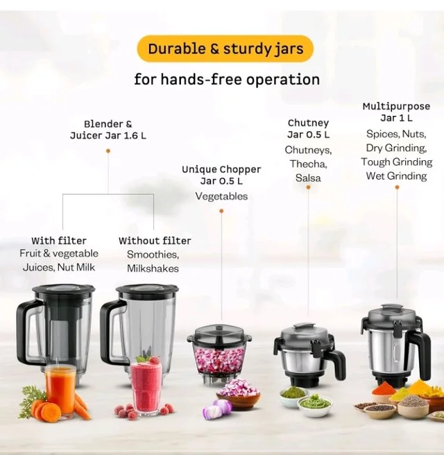 Atomberg Zenova Fresh Juicer Mixer Grinder For Kitchen | Intelligent BLDC Motor | Grind Like 1000 Watt | Coarse Mode for Silbatta Texture | 4 Jar With Chopper | Coconut Milk Maker | Hands-Free | Black