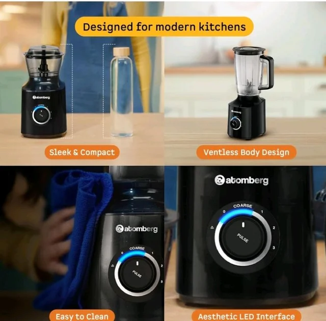Atomberg Zenova Fresh Juicer Mixer Grinder For Kitchen | Intelligent BLDC Motor | Grind Like 1000 Watt | Coarse Mode for Silbatta Texture | 4 Jar With Chopper | Coconut Milk Maker | Hands-Free | Black