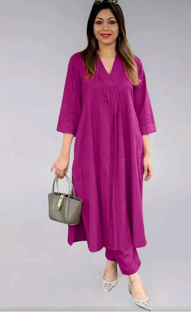 Women's Cotton Plain Coard set A-Line Straight Kurti With Pant
- L