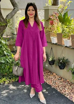 Women's Cotton Plain Coard set A-Line Straight Kurti With Pant
- L