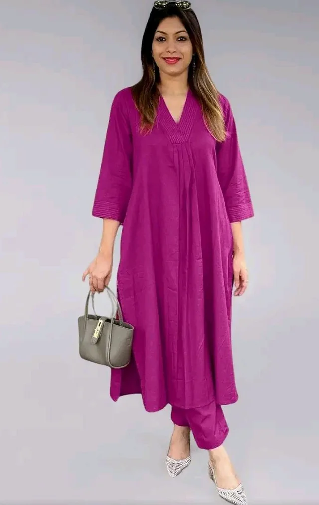 Women's Cotton Plain Coard set A-Line Straight Kurti With Pant
- L