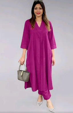 Women's Cotton Plain Coard set A-Line Straight Kurti With Pant
- L