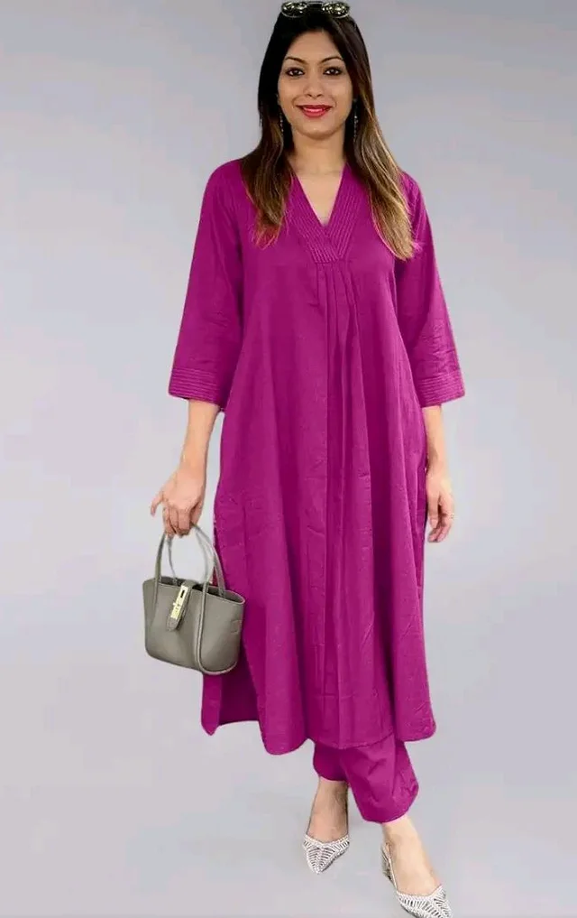 Women's Cotton Plain Coard set A-Line Straight Kurti With Pant
- L