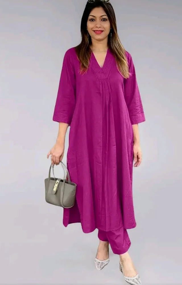 Women's Cotton Plain Coard set A-Line Straight Kurti With Pant
- L