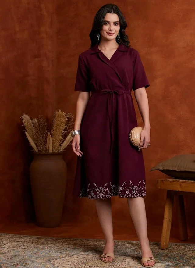 Amazon Brand - Myx Women's Cotton Embroidered Shirt Dress | Below The Knee (Available in Plus Sizes)
- L