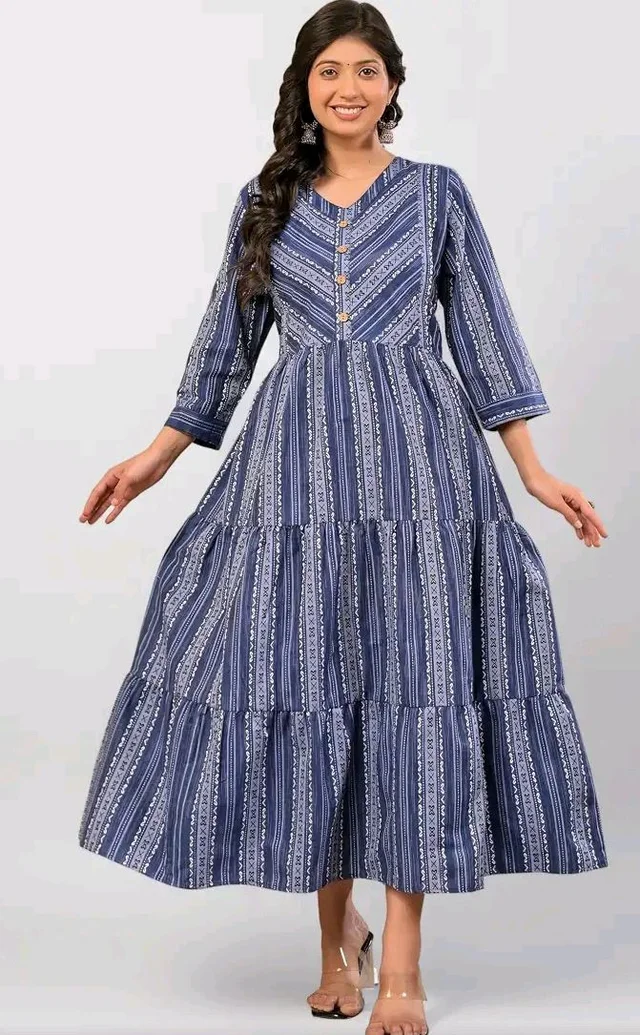Negen Women's Maroon Printed Tiered Midi Dress, V-Neck with 3/4 Sleeves, Ethnic Stripe Pattern
- L