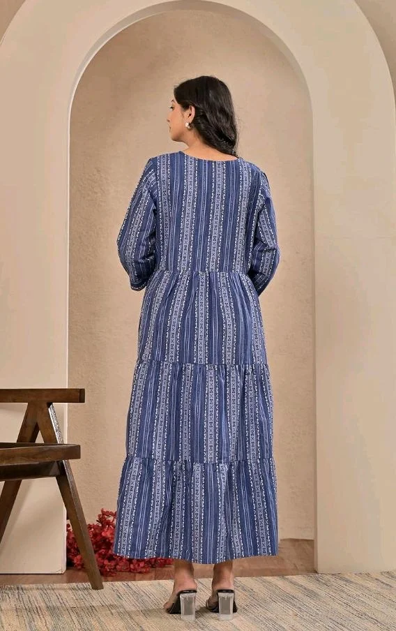 Negen Women's Maroon Printed Tiered Midi Dress, V-Neck with 3/4 Sleeves, Ethnic Stripe Pattern
- L