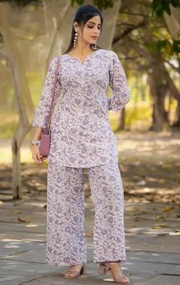 Pinkmint Cotton Co Ord Set for Women l 3/4 Sleeve Printed Comfortable & Stylish Trendy Top & Bottom
- M