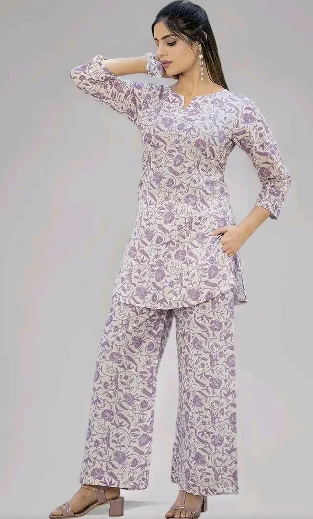 Pinkmint Cotton Co Ord Set for Women l 3/4 Sleeve Printed Comfortable & Stylish Trendy Top & Bottom
- M