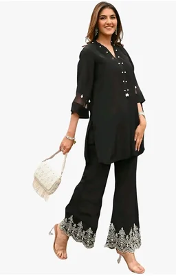 Women's Cotton Embroidered Co-Ord Set Elegant Summer Two-Piece Outfit (Black)
- L