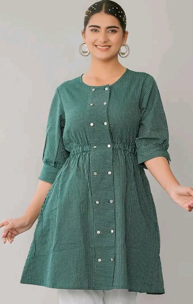 Yash Gallery Women's Cotton Straight Fit Straight Kantha Striped Printed 3/4 Sleeve Round Neck Short Kurta Tops
- L
