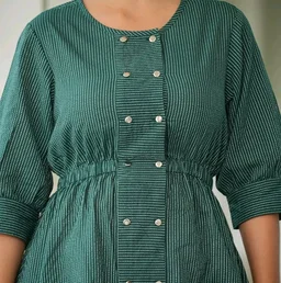 Yash Gallery Women's Cotton Straight Fit Straight Kantha Striped Printed 3/4 Sleeve Round Neck Short Kurta Tops
- L