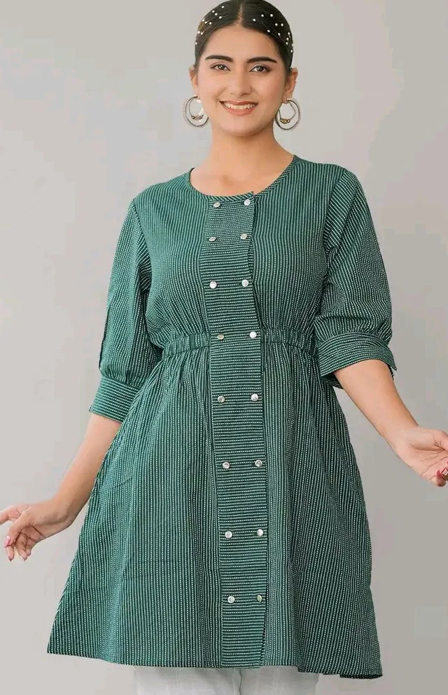 Yash Gallery Women's Cotton Straight Fit Straight Kantha Striped Printed 3/4 Sleeve Round Neck Short Kurta Tops
- L