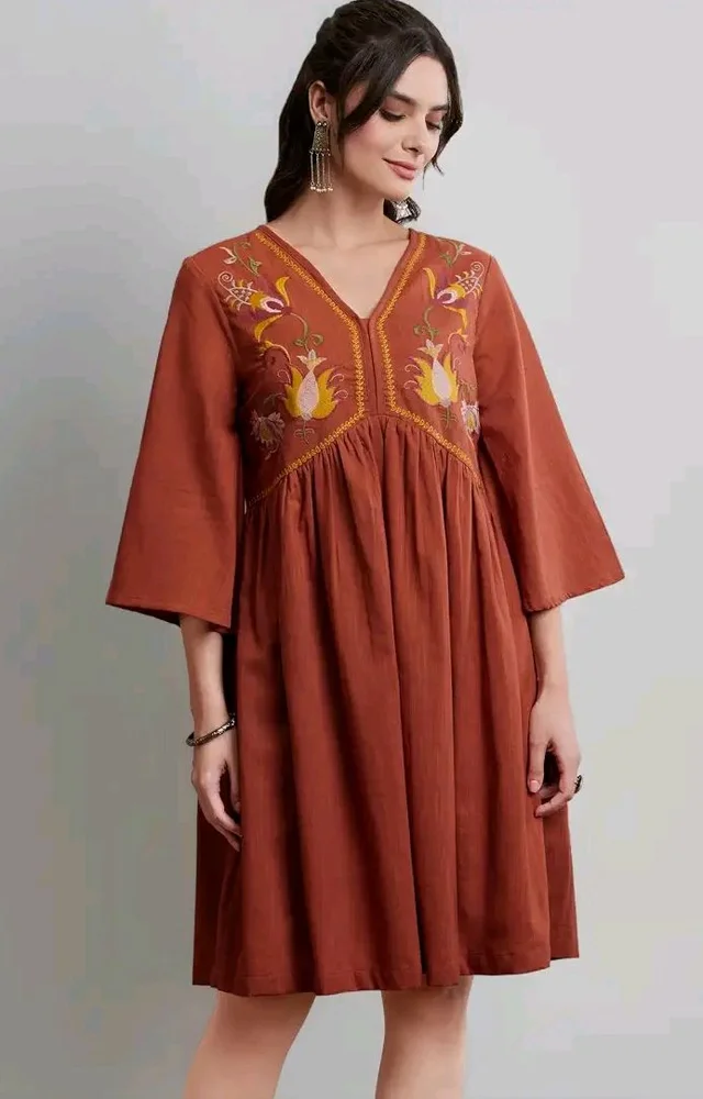 Amazon Brand - Myx Women's Cotton Embroidered Dress | A-Line | Knee-Length | Casual Summer Outfit (Available in Plus Sizes)
- L