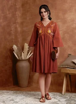 Amazon Brand - Myx Women's Cotton Embroidered Dress | A-Line | Knee-Length | Casual Summer Outfit (Available in Plus Sizes)
- L