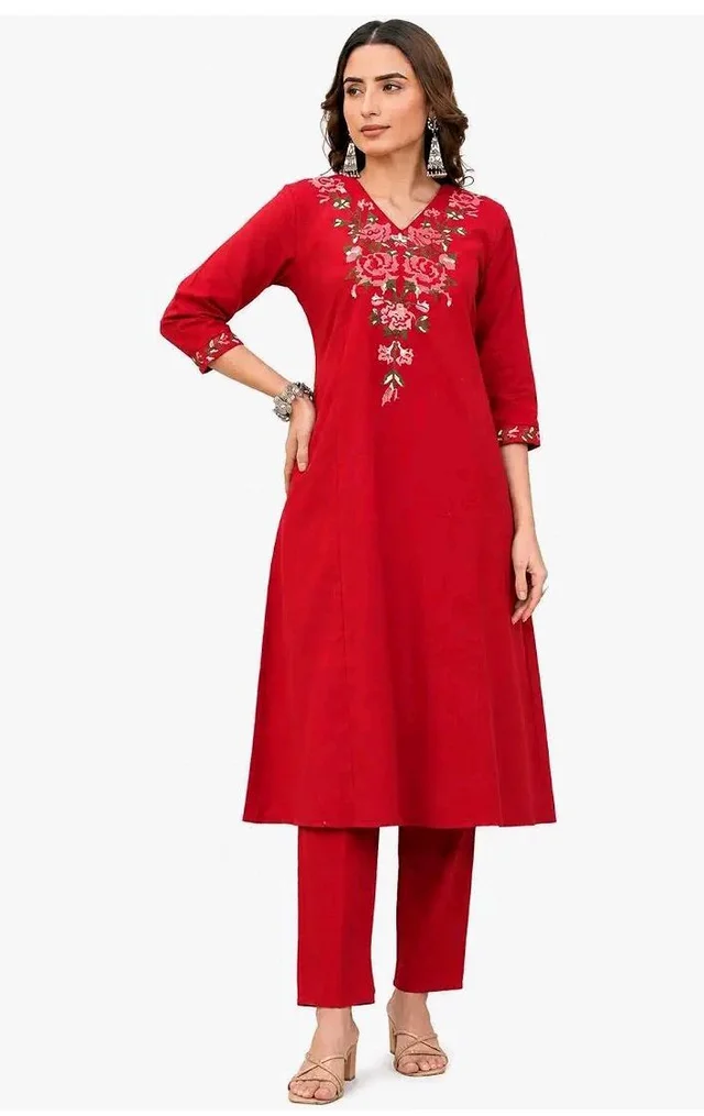 S&TR Store Women's Cotton Floral Embroidered Straight Kurti with Pant
- L