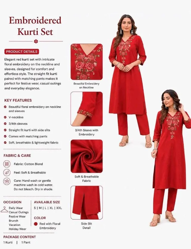 S&TR Store Women's Cotton Floral Embroidered Straight Kurti with Pant
- L