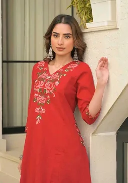 S&TR Store Women's Cotton Floral Embroidered Straight Kurti with Pant
- L