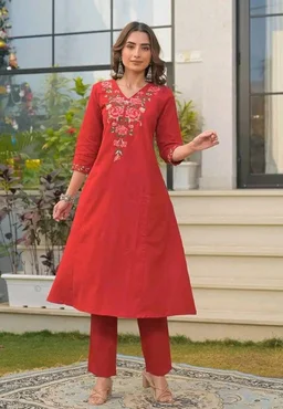 S&TR Store Women's Cotton Floral Embroidered Straight Kurti with Pant
- L