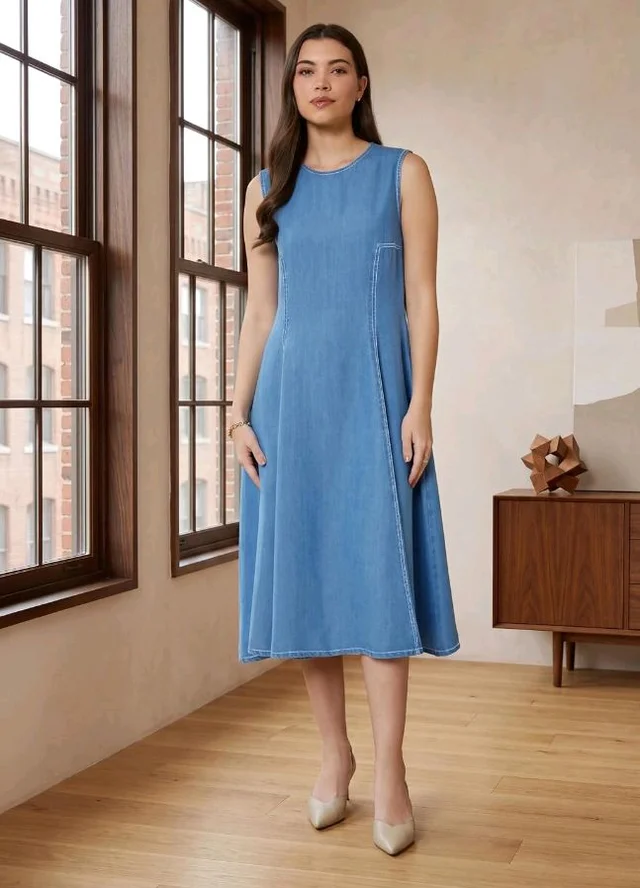 Amazon Brand - Symbol Women's Cotton Tencel Denim A-Line Dress | Sleeveless, Round Neck, Midi Length, Back Zip (Available in Plus Sizes)
- 2XL