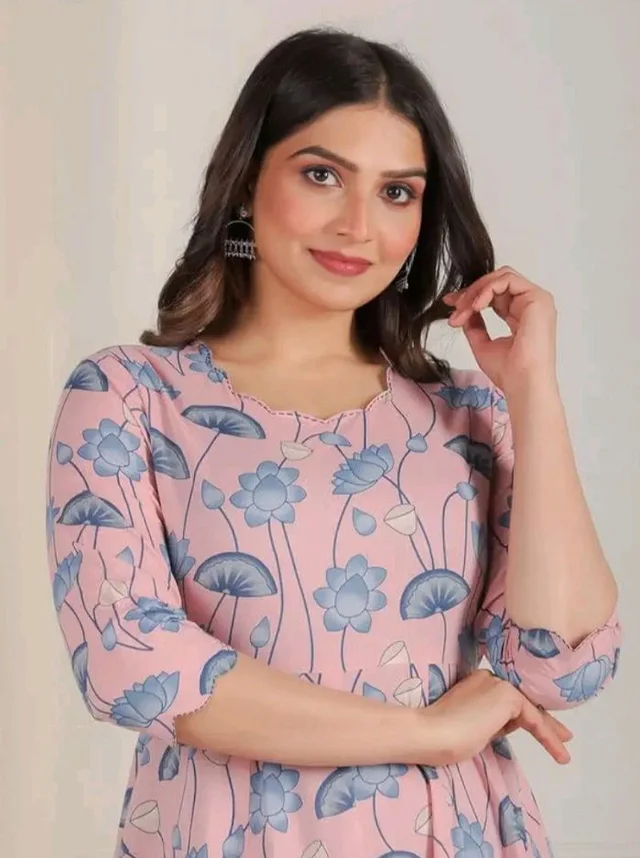 Aramya Soft Cotton Pink Anarkali Floral Print Office or Casual Wear Kurta for Women
- L