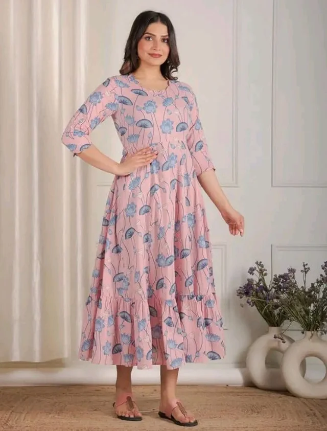 Aramya Soft Cotton Pink Anarkali Floral Print Office or Casual Wear Kurta for Women
- L