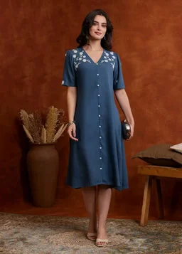Amazon Brand - Myx Women's Embroidered Shirt Dress | Below The Knee (Available in Plus Sizes) - M