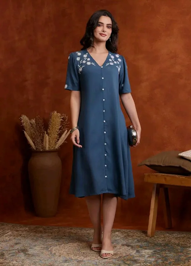 Amazon Brand - Myx Women's Embroidered Shirt Dress | Below The Knee (Available in Plus Sizes) - M