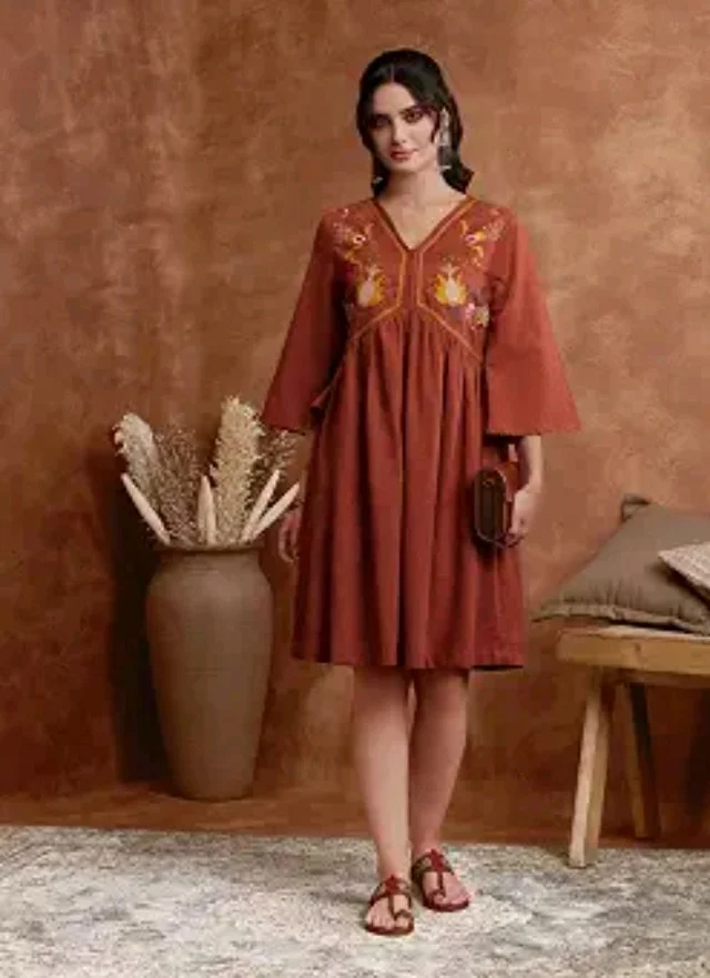Amazon Brand - Myx Women's Cotton Embroidered Dress | A-Line | Knee-Length | Casual Summer Outfit (Available in Plus Sizes)
- L