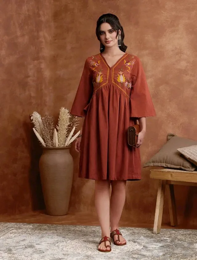 Amazon Brand - Myx Women's Cotton Embroidered Dress | A-Line | Knee-Length | Casual Summer Outfit (Available in Plus Sizes)
- L