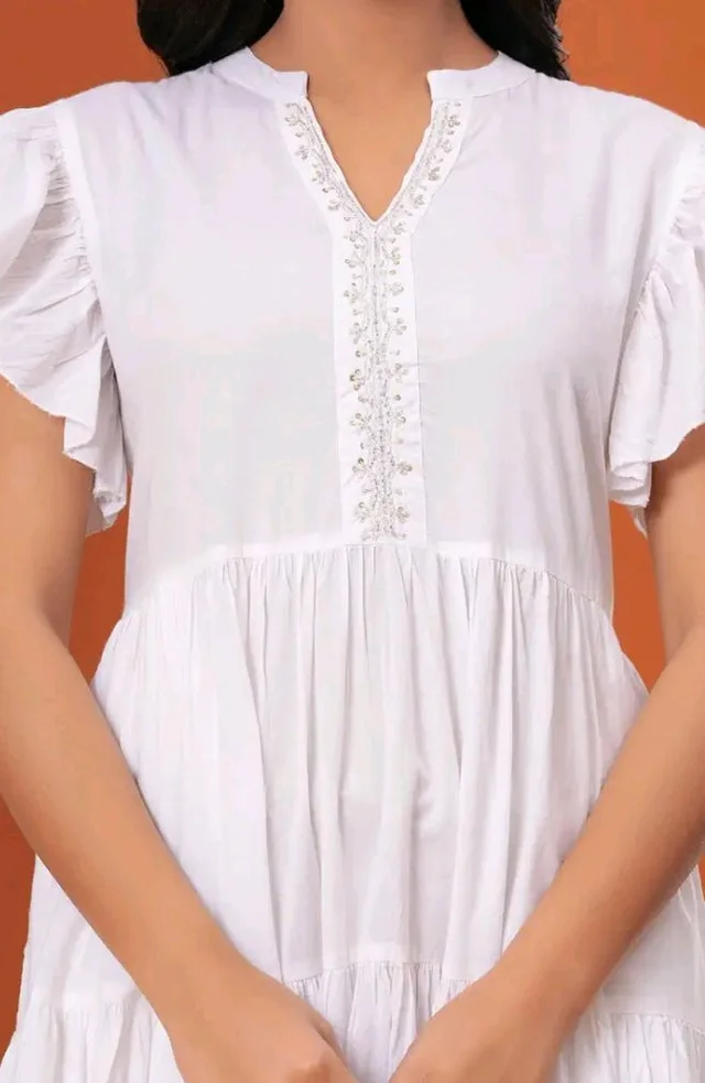 Women 100% Cotton Knee Length Flared Dress | Embroidered V-Neck Yoke | Flutter Sleeves Tiered Casual Ethnic Dress for Women - M