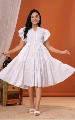 Women 100% Cotton Knee Length Flared Dress | Embroidered V-Neck Yoke | Flutter Sleeves Tiered Casual Ethnic Dress for Women - M