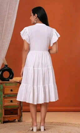 Women 100% Cotton Knee Length Flared Dress | Embroidered V-Neck Yoke | Flutter Sleeves Tiered Casual Ethnic Dress for Women - M
