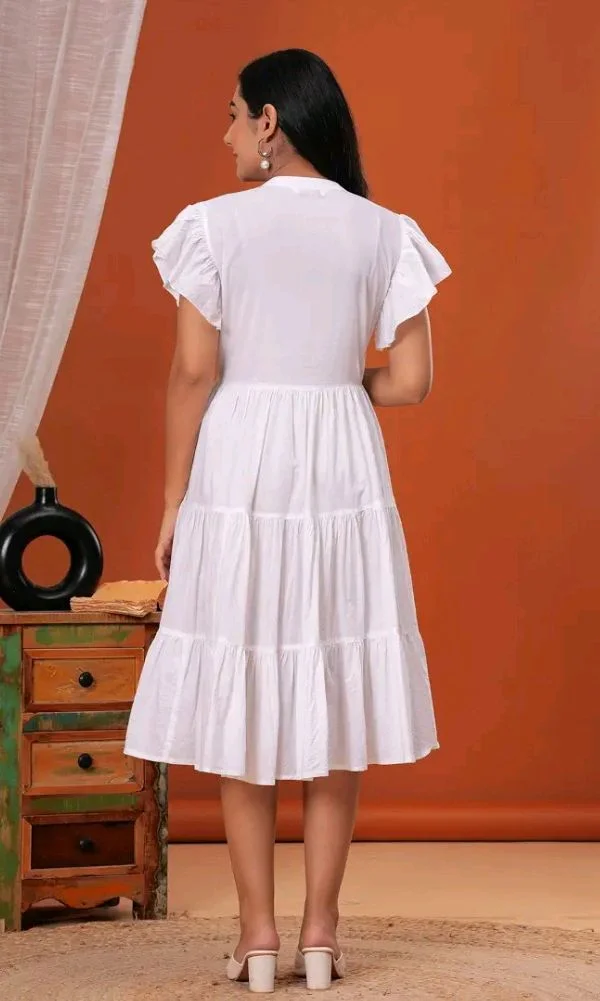 Women 100% Cotton Knee Length Flared Dress | Embroidered V-Neck Yoke | Flutter Sleeves Tiered Casual Ethnic Dress for Women - M