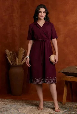 Amazon Brand - Myx Women's Cotton Embroidered Shirt Dress | Below The Knee (Available in Plus Sizes) - 2XL