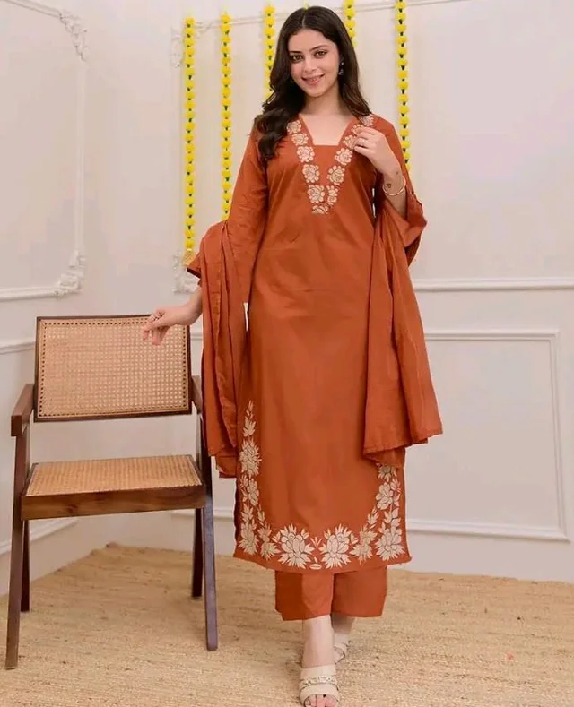 ANNI Designer Pure Cotton Embroidered Kurta Set for Women | Rust Orange Kurta with Pants & Dupatta | Floral Neck & Hem Embroidery | Cotton Kurta Set for Women | 10 Colour Options Available - 2XL