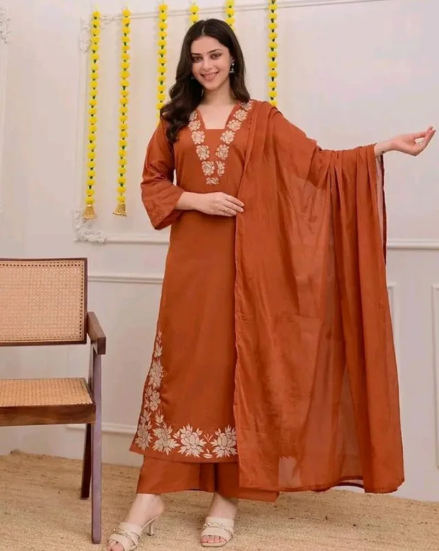 ANNI Designer Pure Cotton Embroidered Kurta Set for Women | Rust Orange Kurta with Pants & Dupatta | Floral Neck & Hem Embroidery | Cotton Kurta Set for Women | 10 Colour Options Available - 2XL