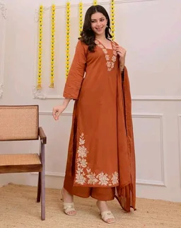 ANNI Designer Pure Cotton Embroidered Kurta Set for Women | Rust Orange Kurta with Pants & Dupatta | Floral Neck & Hem Embroidery | Cotton Kurta Set for Women | 10 Colour Options Available - 2XL