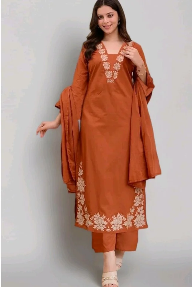 ANNI Designer Pure Cotton Embroidered Kurta Set for Women | Rust Orange Kurta with Pants & Dupatta | Floral Neck & Hem Embroidery | Cotton Kurta Set for Women | 10 Colour Options Available - 2XL