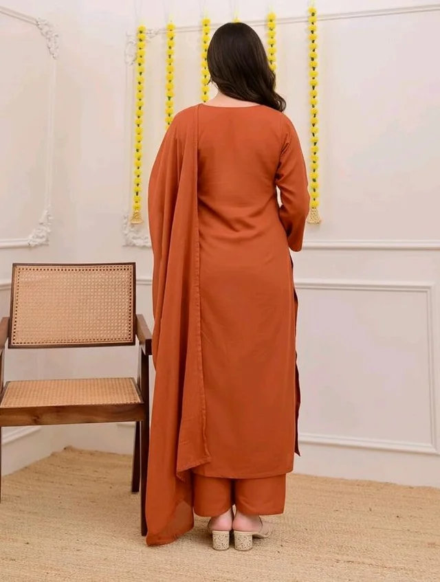 ANNI Designer Pure Cotton Embroidered Kurta Set for Women | Rust Orange Kurta with Pants & Dupatta | Floral Neck & Hem Embroidery | Cotton Kurta Set for Women | 10 Colour Options Available - 2XL